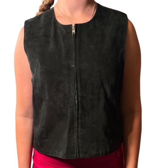 Marsh Landing Petites Jackets & Blazers - Marsh Landing Vest Womens PL Black Good Leather Suede Front Zip Mixed Media